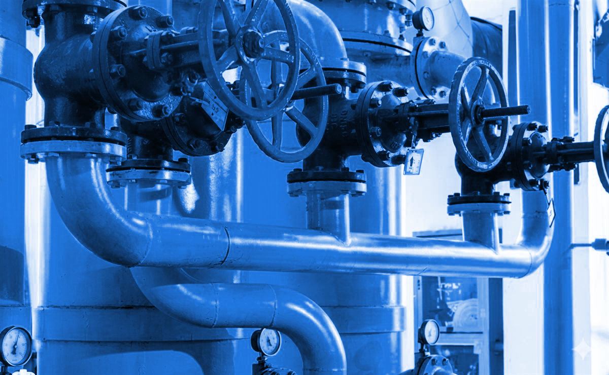Rede de gás industrial com tubulações e registros