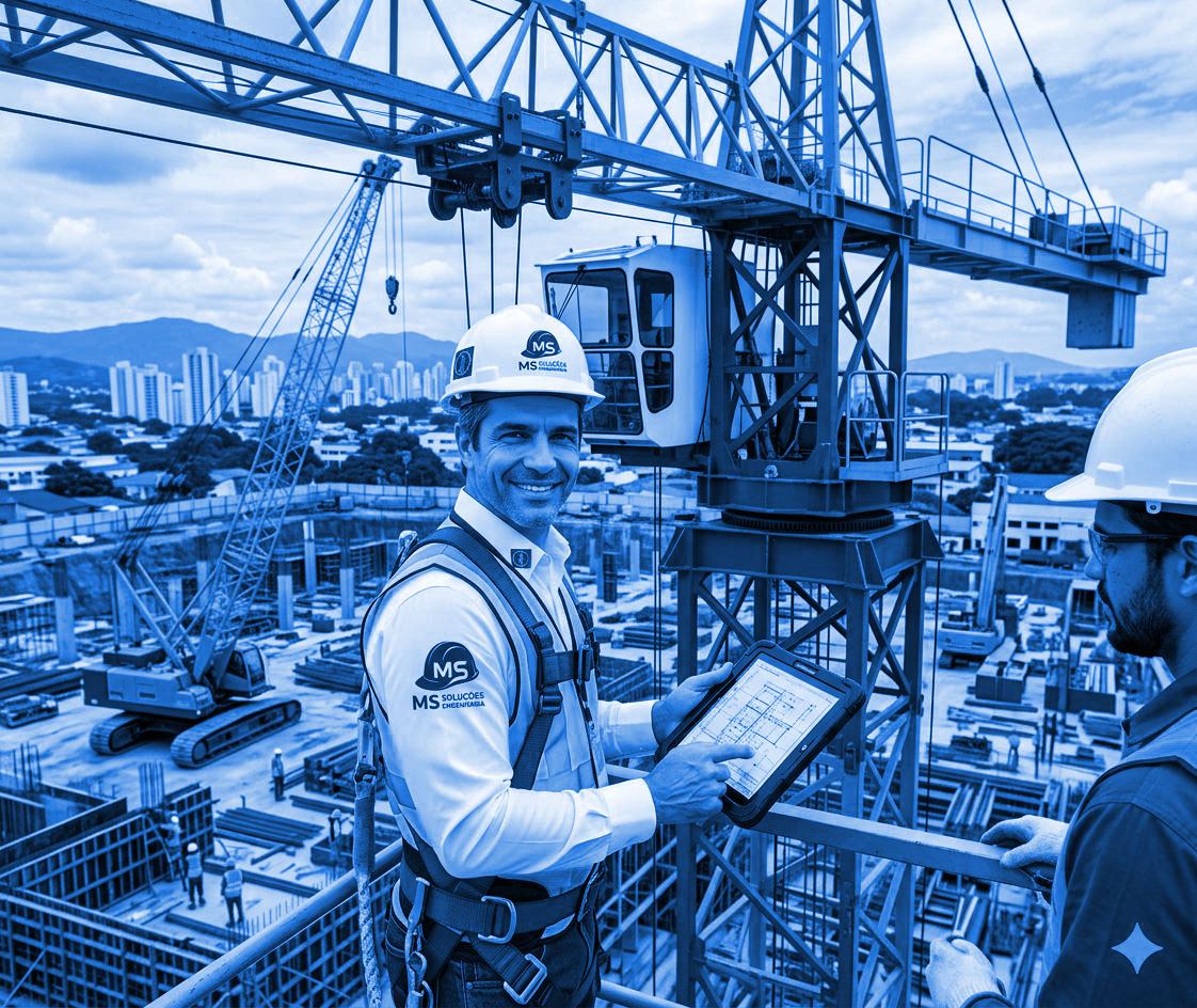 Engenheiro acompanhando operação de máquina pesada em obra